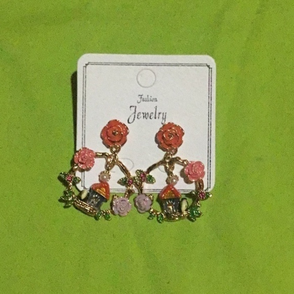 Enamel Bird House Earrings